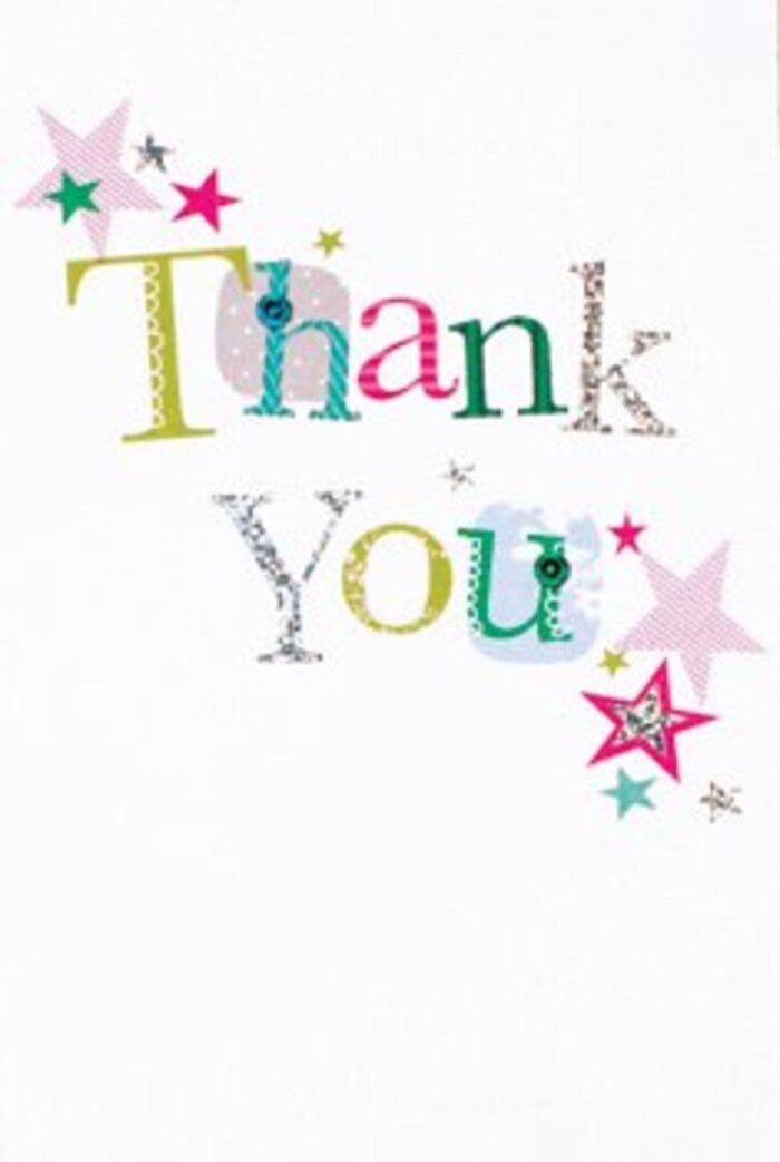 This thank you card brings together the grace and exuberance often found in Cowley's bustling community. The arrangement of letters in 'Thank You' is artful-some whimsical with bold spots and flowing scripts, others striking in their crisp, musical lines. Brilliant stars-some striped in rosy pink, others glazed with teal or silver-cluster near the message as if blessing it with an extra touch of cheer. The design feels both airy and contemporary, the bright hues lifted by a pure, white background reminiscent of a Cowley morning sky. There's an understated luxury here, with details that suggest careful, creative effort without ever feeling overdone. This card would nestle beautifully beside a bouquet of mixed flowers-roses or freesias perhaps-prepared and delivered with the distinct warmth and flair of Cowley Flowers. It's a sincere gesture, equally fitting for formal thanks or casual appreciation, radiating the spirit of the area it calls home.