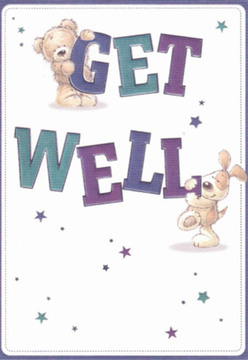 Infused with the gentle energy of Cowley's tree-lined avenues, this get well card scene radiates comfort, playfulness, and heartfelt care. A cuddly teddy-its fur rich in soft honey tones-rests atop the bold 'GET,' radiating reassurance, while just below, a lively puppy, ears adorably askew, affectionately nudges the word 'WELL' in the same sweeping indigo and teal. Each character's rounded form and beaming expression remind one of shared laughter in a local park or easy conversations at a community café, capturing the region's spirit of support. Strewn across the scene, stars in cool blues and shimmering violets evoke moments of hope, echoing the sky over Cowley on clear, serene nights. The clean, white canvas creates an airy background that lifts the vibrant colors and textures, just as a well-chosen arrangement does in our shop. Drawing from my experience at Cowley Flowers, each aspect of the illustration speaks to the same care and intention I use when assembling a bouquet meant to uplift. This card's joyful artistry makes it a perfect pairing with flowers for anyone in need of a gentle boost and local comfort.