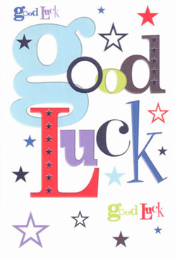 This striking good luck card-crafted with the creative energy you'd find around Cowley's neighbourhood cafés-welcomes you with eye-catching, baby-blue lettering that sets a playful scene. It is offset by bursts of bold reds and violet tones that carry a reassuring weight, blending joy and determination. Sprinkled generously across the crisp white card, stars in indigo, lavender, and mossy green mirror the eclectic lights twinkling along Cowley's lively streets at dusk. The arrangement of fonts and colours brings the message alive, translating support and possibility into tangible art. The card's surface feels inviting and smooth, echoing the gentle glide of wrapping paper in a well-loved Cowley florist shop. Whether given before a big exam or slipped into a celebratory bouquet from Cowley Flowers, this card promises to make each recipient feel truly seen, their journey cheered forward with local pride and genuine encouragement.